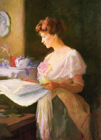Ellen Day Hale Morning News. Private collection Sweden oil painting art